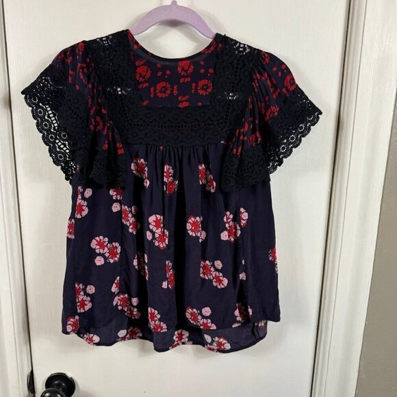 Sea New York crochet trim flutter sleeve colorful loose fit silk blouse.  Sz 0 - Picture 1 of 8